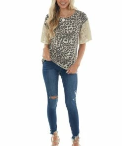 BiBi Latte Leopard Print Top With Short Floral Lace Bell Sleeves 22 BiBi Latte Leopard Print Top With Short Floral Lace Bell Sleeves