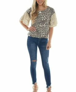 BiBi Latte Leopard Print Top With Short Floral Lace Bell Sleeves 20 BiBi Latte Leopard Print Top With Short Floral Lace Bell Sleeves