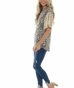 BiBi Latte Leopard Print Top With Short Floral Lace Bell Sleeves 23 BiBi Latte Leopard Print Top With Short Floral Lace Bell Sleeves