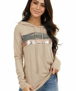 7th Ray Latte Long Sleeve Hoodie With Camo And Sequin Contrast Tops
