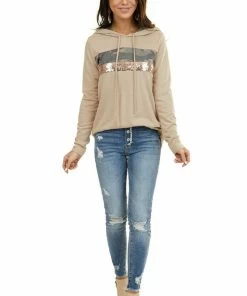 7th Ray Latte Long Sleeve Hoodie With Camo And Sequin Contrast Tops