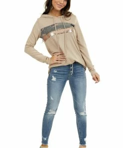 7th Ray Latte Long Sleeve Hoodie With Camo And Sequin Contrast Tops