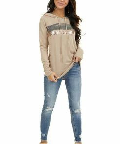 7th Ray Latte Long Sleeve Hoodie With Camo And Sequin Contrast Tops