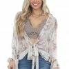 Entro Kimonos Latte Printed Front Tie Woven Kimono