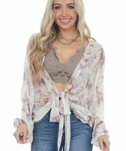 Entro Kimonos Latte Printed Front Tie Woven Kimono