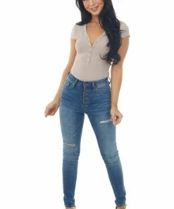 Dress Forum Latte Ribbed Knit Button Up Bodysuit With Short Cap Sleeves Tops