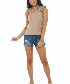 Haptics Latte Ribbed Knit Tank Top With Frill Trim