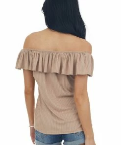 Haptics Latte Ribbed Knit Top With Ruffle Overlay