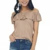 Haptics Latte Ribbed Knit Top With Ruffle Overlay