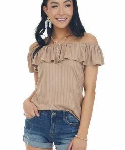Haptics Latte Ribbed Knit Top With Ruffle Overlay