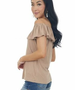 Haptics Latte Ribbed Knit Top With Ruffle Overlay