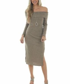 L Love Dresses Latte Ribbed Off Shoulder Bodycon Midi Dress