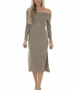 L Love Dresses Latte Ribbed Off Shoulder Bodycon Midi Dress