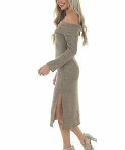 L Love Dresses Latte Ribbed Off Shoulder Bodycon Midi Dress