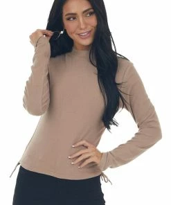 She + Sky Tops Latte Ruched Brushed Ribbed Knit Fitted Top