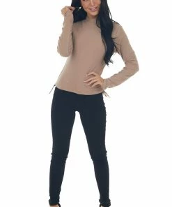 She + Sky Tops Latte Ruched Brushed Ribbed Knit Fitted Top