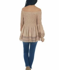 Nostalgia Latte Smocked Off Shoulder Babydoll Lace Top Tops
