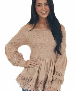 Nostalgia Latte Smocked Off Shoulder Babydoll Lace Top Tops