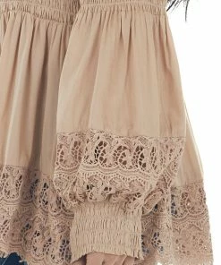 Nostalgia Latte Smocked Off Shoulder Babydoll Lace Top Tops