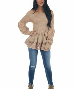 Nostalgia Latte Smocked Off Shoulder Babydoll Lace Top Tops