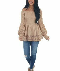 Nostalgia Latte Smocked Off Shoulder Babydoll Lace Top Tops