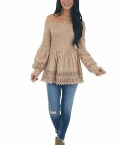 Nostalgia Latte Smocked Off Shoulder Babydoll Lace Top Tops