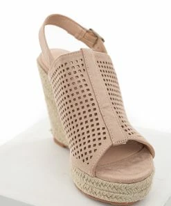 Shoe Shoe Train Latte Square Laser Cut Out Espadrille Sling Back Wedges Shoes