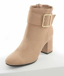 East Lion Corp. Shoes Latte Suede Large Buckle Block Heel Booties