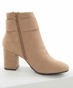 East Lion Corp. Shoes Latte Suede Large Buckle Block Heel Booties