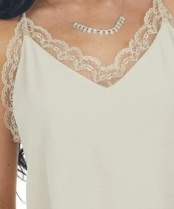 VISION Tops Latte V Neck Lace Trim Racerback Camisole 22 VISION Tops Latte V Neck Lace Trim Racerback Camisole