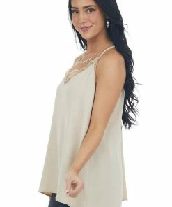 VISION Tops Latte V Neck Lace Trim Racerback Camisole 20 VISION Tops Latte V Neck Lace Trim Racerback Camisole