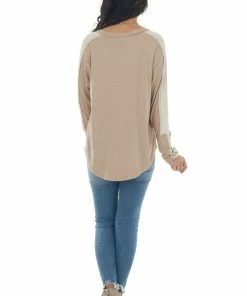 143 Story Tops Latte V Neck Long Sleeve Exposed Seam Knit Top