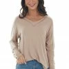 143 Story Tops Latte V Neck Long Sleeve Exposed Seam Knit Top