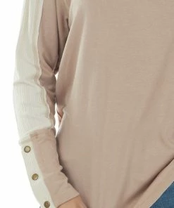 143 Story Tops Latte V Neck Long Sleeve Exposed Seam Knit Top