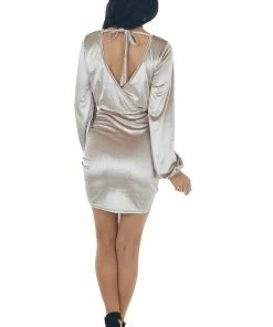 Main Strip Latte Velvet Mini Dress With Surplice Back And Tie Detail Dresses