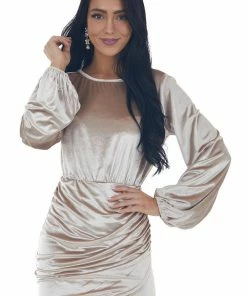 Main Strip Latte Velvet Mini Dress With Surplice Back And Tie Detail Dresses