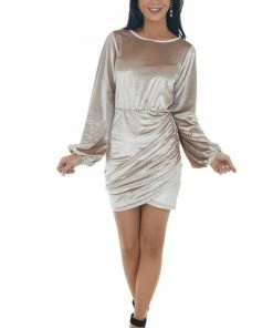 Main Strip Latte Velvet Mini Dress With Surplice Back And Tie Detail Dresses