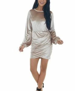 Main Strip Latte Velvet Mini Dress With Surplice Back And Tie Detail Dresses