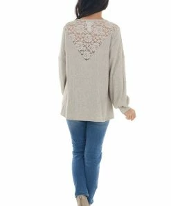 BiBi Latte Waffle Knit Long Sleeve Sheer Lace Top Tops