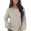 BiBi Latte Waffle Knit Long Sleeve Sheer Lace Top Tops 2 BiBi Latte Waffle Knit Long Sleeve Sheer Lace Top Tops