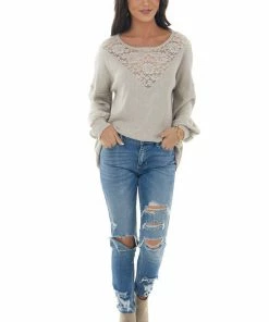 BiBi Latte Waffle Knit Long Sleeve Sheer Lace Top Tops