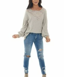 BiBi Latte Waffle Knit Long Sleeve Sheer Lace Top Tops