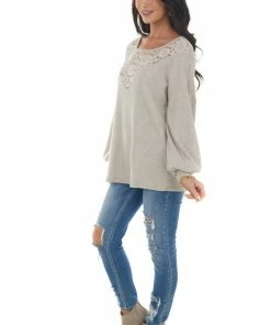 BiBi Latte Waffle Knit Long Sleeve Sheer Lace Top Tops