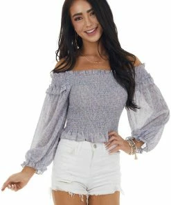 She + Sky Tops Lavender Ditsy Floral Off Shoulder 3/4 Sleeve Smocked Top