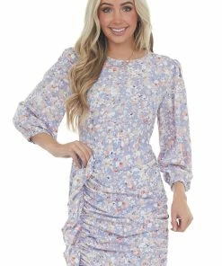 Entro Dresses Lavender Floral Long Sleeve Ruched Short Dress