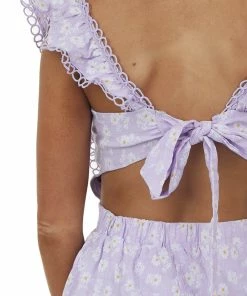 Sweet Lemon Dresses Lavender Floral Open Back Lace Trim Romper