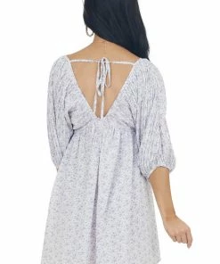 Entro Dresses Lavender Floral Pleated Puff Sleeve Dress