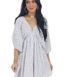 Entro Dresses Lavender Floral Pleated Puff Sleeve Dress