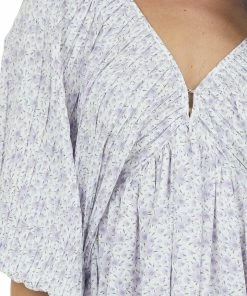 Entro Dresses Lavender Floral Pleated Puff Sleeve Dress