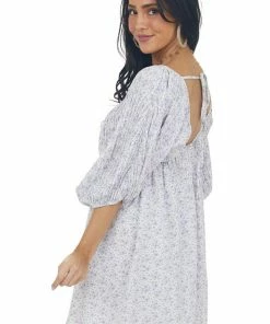 Entro Dresses Lavender Floral Pleated Puff Sleeve Dress